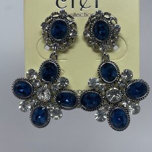 Fashion Dangle Earrings Silver Tone With Blue And White Rhinestones Pierced Ears